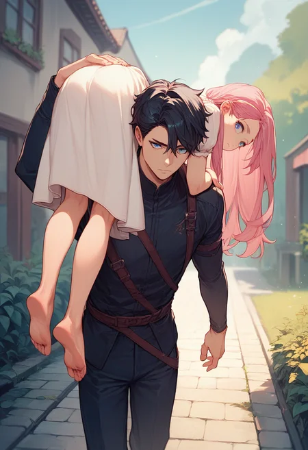 score_9, score_8_up, score_7_up, score_6_up, source_anime, 1girl, long hair, pink hair, blue eyes,
carrying,
1boy, black hair, outdoors, dress, ass, looking back,
<lora:carrying_over_shoulder_v0.4-pony:1>
