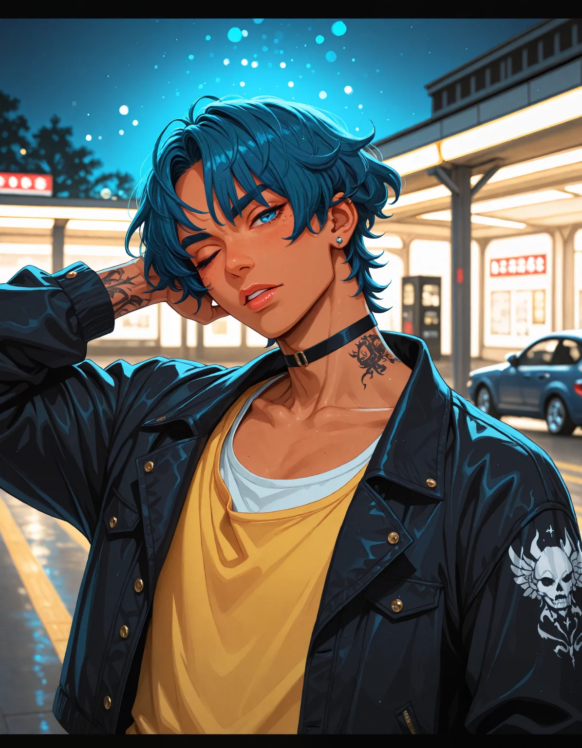 (depth of field, bokeh, highly detailed, absurdres, high_quality, newest, incredibly_absurdres, very_aesthetic)
(KKL-Illu, dark_theme, night, night_sky, shaded, gas_station, solo, looking_at_viewer, short_hair, bangs, blue_eyes, eyebrows_visible_through_hair, shirt, 1boy, long_sleeves, original, jewelry, muscular_male, blue_hair, collarbone, jacket, yellow_eyes, upper_body, white_shirt, male_focus, earrings, one_eye_closed, parted_lips, outdoors, choker, dark_skin, pink_eyes, hand_up, virtual_youtuber, mole, arm_up, arms_up, blurry, lips, sparkle, parted_bangs, makeup, mole_under_eye, tattoo, depth_of_field, wavy_hair, blurry_background, black_choker, tank_top, piercing, dark-skinned_male, thick_eyebrows, letterboxed, freckles, arm_behind_head, outline, yellow_shirt, car, arm_tattoo, photo_background)