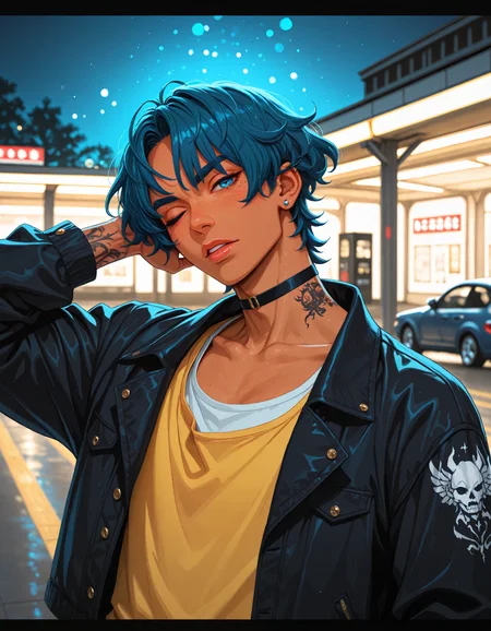(depth of field, bokeh, highly detailed, absurdres, high_quality, newest, incredibly_absurdres, very_aesthetic)
(KKL-Illu, dark_theme, night, night_sky, shaded, gas_station, solo, looking_at_viewer, short_hair, bangs, blue_eyes, eyebrows_visible_through_hair, shirt, 1boy, long_sleeves, original, jewelry, muscular_male, blue_hair, collarbone, jacket, yellow_eyes, upper_body, white_shirt, male_focus, earrings, one_eye_closed, parted_lips, outdoors, choker, dark_skin, pink_eyes, hand_up, virtual_youtuber, mole, arm_up, arms_up, blurry, lips, sparkle, parted_bangs, makeup, mole_under_eye, tattoo, depth_of_field, wavy_hair, blurry_background, black_choker, tank_top, piercing, dark-skinned_male, thick_eyebrows, letterboxed, freckles, arm_behind_head, outline, yellow_shirt, car, arm_tattoo, photo_background)