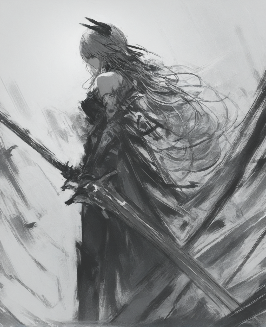 score_9, score_8_up. score_7_up,  <lora:tudasix-000024:1>
1girl, weapon, solo, long hair, sword, holding weapon, holding sword, holding, standing, from side, sketch, monochrome, bare shoulders