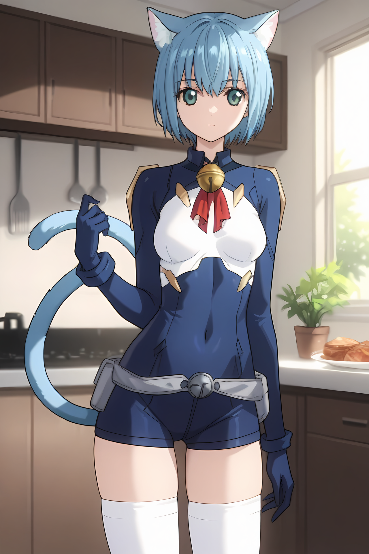 (blue bodysuit belt gloves white thighhighs:1.50), cpc-melwin, blue hair, short hair, hair between eyes, aqua eyes, cat ears, cat tail, neck bell, collar, 
medium breasts, 1girl, solo, skinny, (source_anime, score_9, score_8_up, score_8, score_7_up), score_7, score_6_up, score_6, score_5_up, score_5, 
(horny:1.10),
(kitchen:1.10),
(standing:1.60), (:1.10),
<lora:cpc-melwin-V02-000003:0.90>