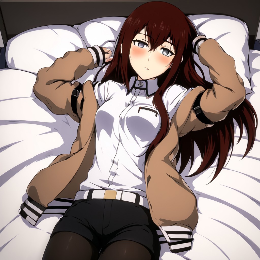a hot and sexy image of makise kurisu lying on the bed with her jacket removed, armpits, lying on back, looking at viewer, arm up, blush, white inners, red hair, anime style, medium boobs