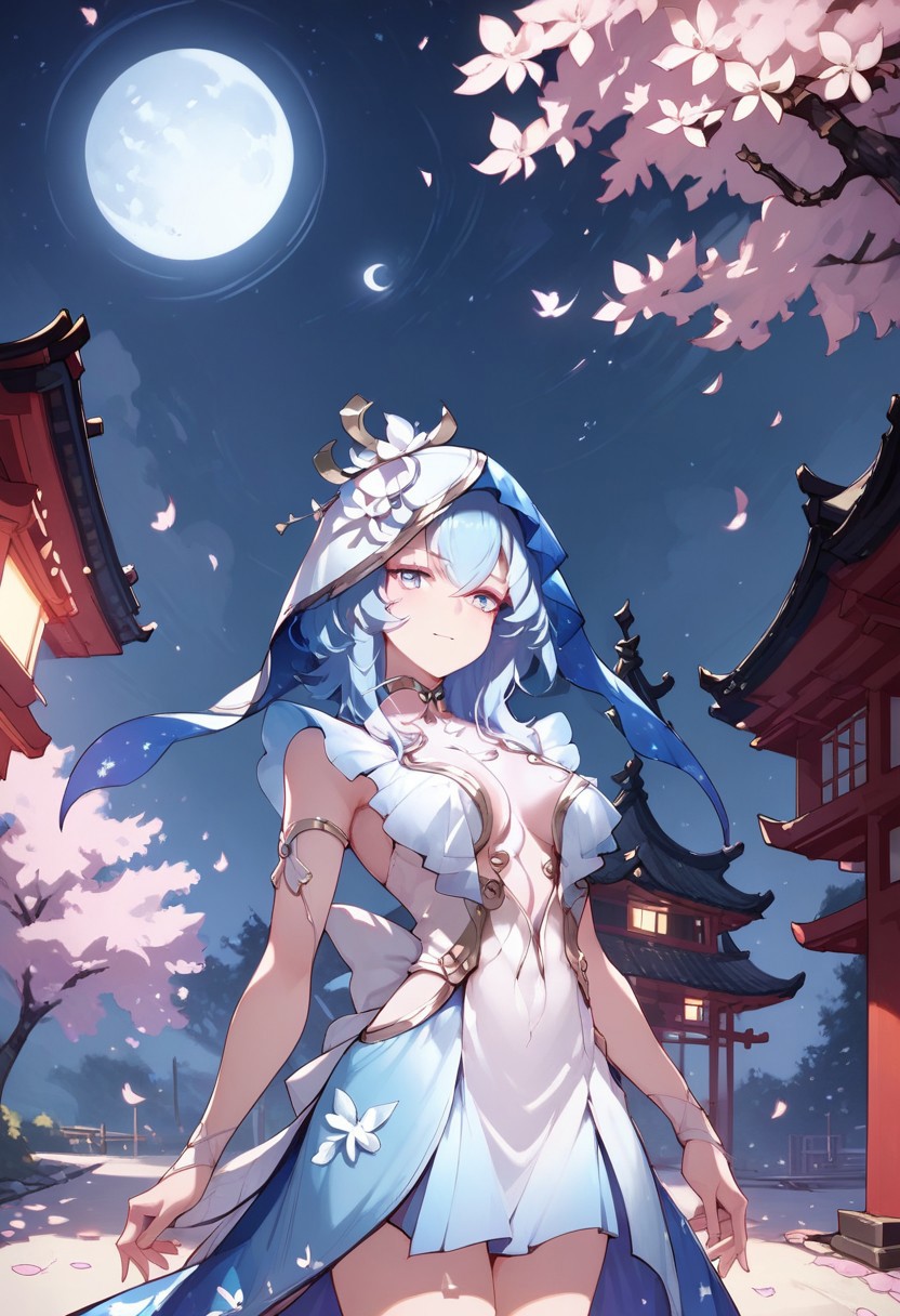 score_9,score_8_up,score_7_up, 1girl, solo, SHOREKEEPER (WUTHERING WAVES), cowboy shot, dramatic lighting, japanese cherry blossom, trees, night lights, moon