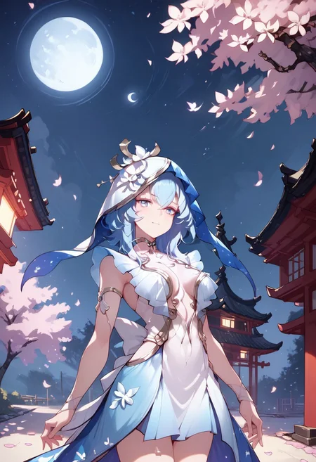 score_9,score_8_up,score_7_up, 1girl, solo, SHOREKEEPER (WUTHERING WAVES), cowboy shot, dramatic lighting, japanese cherry blossom, trees, night lights, moon