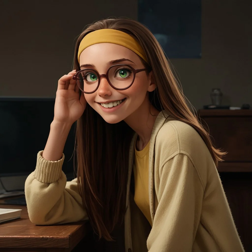 score_9, score_8_up, score_7_up, score_6_up, score_5_up, score_4_up, rating_questionable, 1girl, Hon_Lem, Glasses, smiling, skinny, tall, small saggy breasts, bending over, looking back at viewer, yellow headband, green eyes