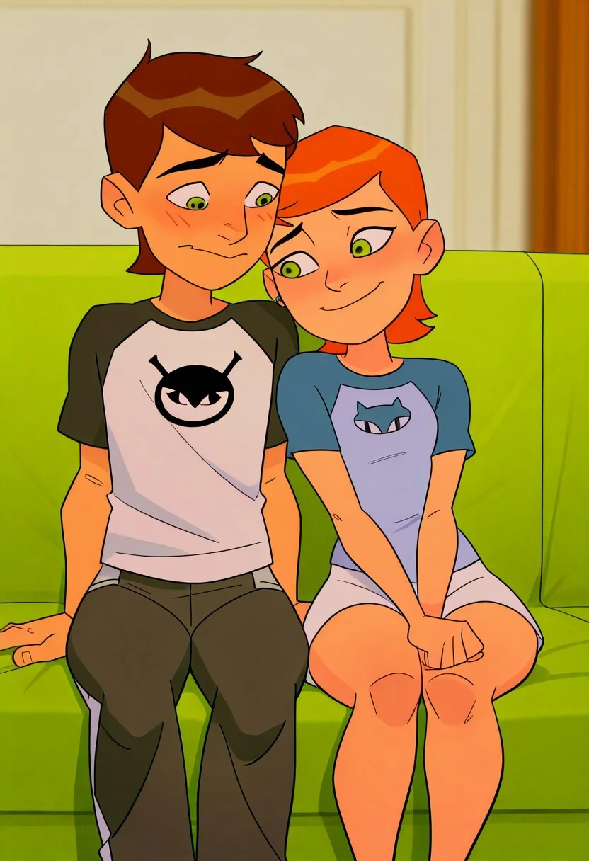 highres, hi res, best quality, masterpiece, intricate details, absurdres, 4k,, anime screencap, anime coloring, masterpiece, best quality,depth of field, 1girl, gwen tennyson, /(ben10)/, short hair, (small breasts:1.5), Orange hair, green eyes, clothed, smiling, short height, shortstack, cute, adorable, sitting next to Ben, BREAK
1boy, skinny, shortstack, short height, ben tennyson /(ben10/), green eyes, short brown hair, clothed, skinny, smiling, sitting next to Gwen,
(Ben Tennyson and Gwen Tennyson),
(couple, boy and girl:1.3) sitting next to eachother,
front view, detailed background, (mobile home background) ,BREAK score_9, score_8_up, score_7_up, highly detailed, highly detailed skin texture, finely detailed hair BREAK (couple in love), (boy having a Bonner:1.8), (shy boy:1.5), (surprised girl looking at his Bonner), (girl looking at his Bonner)
