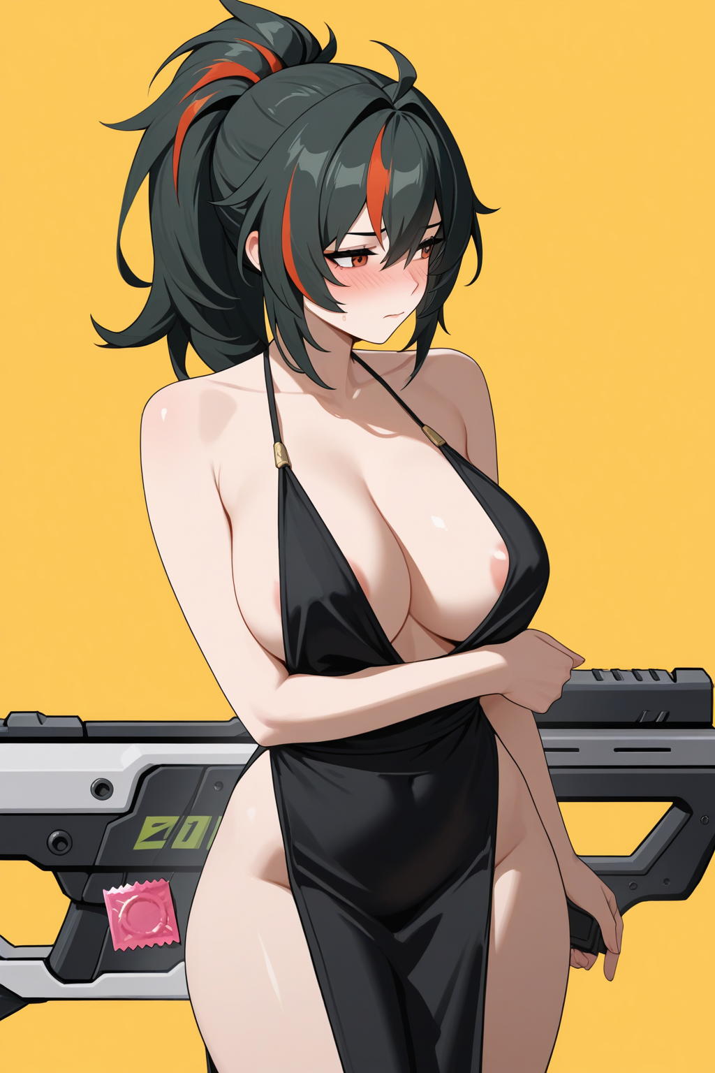 zhu yuan, zenless zone zero, 1girl, alternate costume, areola slip, arm under breasts, averting eyes, bare shoulders, black dress, black hair, blush, breasts, closed mouth, condom, condom wrapper, dress, embarrassed, gun, halterneck, handgun, large breasts, multicolored hair, pelvic curtain, plunging neckline, red hair, simple background, sleeveless, sleeveless dress, solo, streaked hair, two-tone hair, weapon, yellow background, masterpiece, best quality