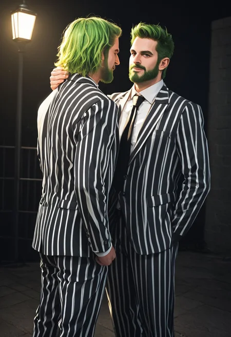 a photograph of (bjzzs), 1boy,suit, standing, jacket, beard, pinstripe pattern, vertical stripes, long sleeves, necktie, green hair, pants, shirt, striped, formal, prison clothes, poltergeist vibes, beetlejuice beetlejuice beetlejuice, Lomo, Shot on 70mm, Warm Color Palette, Kodachrome, ProPhoto RGB, Rim Lights, Backlight, Natural Lighting, zPDXL , official photography, best poltergeist,