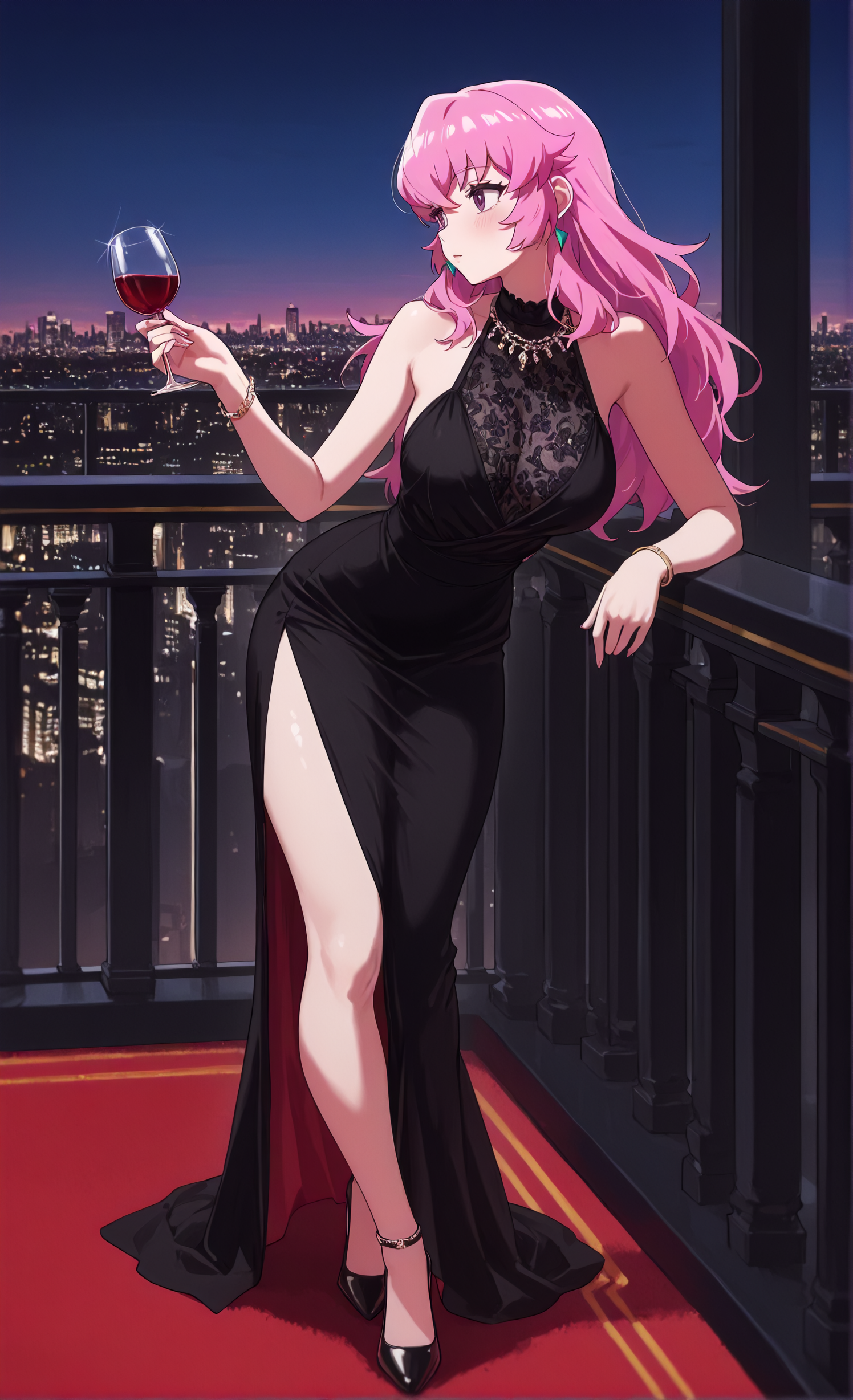 masterpiece, sharp detail, intricate detail, 1girl,  <lora:To be hero X - LoliX:0.8>, lolix \(to be hero x\), long hair,  black dress, high heels, bare shoulders, red carpet, luxurious theme, bracelet, evening, balcony, leaning, holding wine glass, looking to the side, city, skyline,