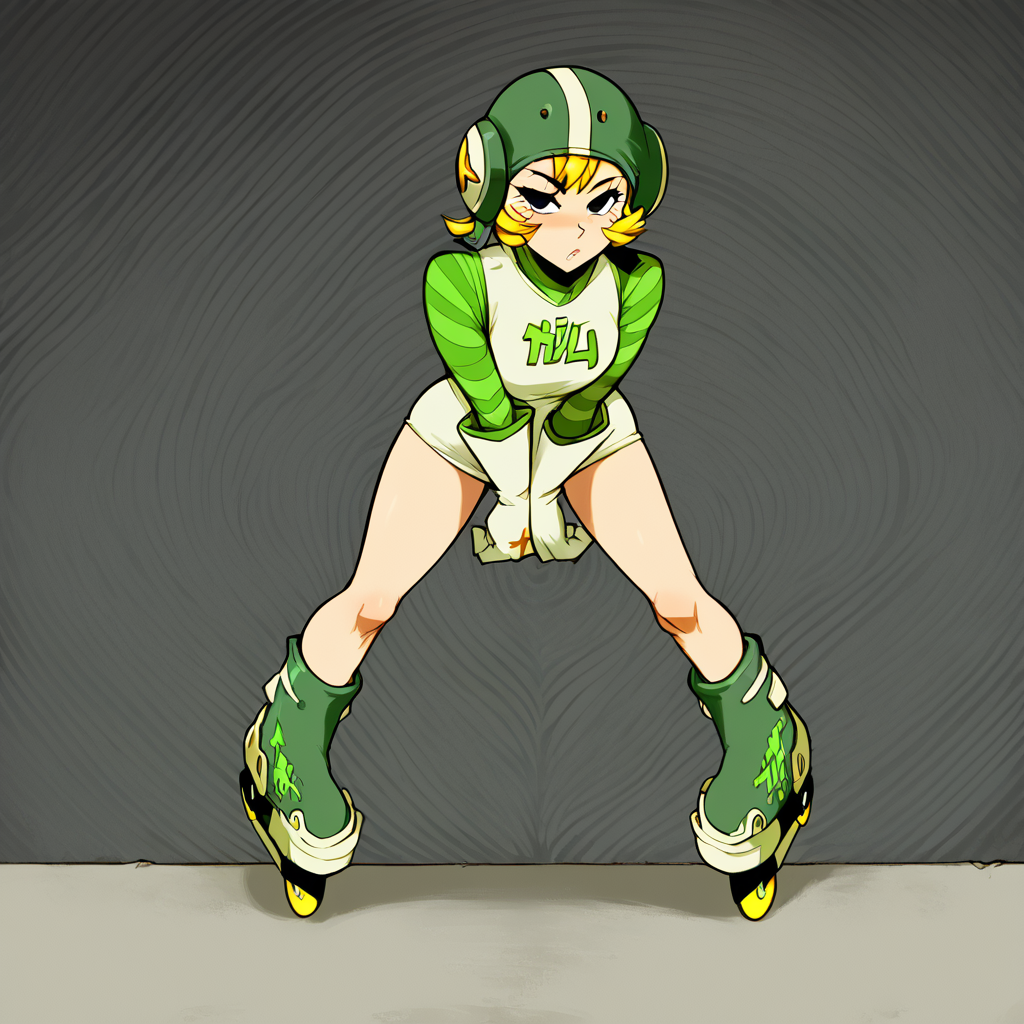 score_9, score_8_up, score_7_up, score_6_up, score_5_up, score_4_up, BREAK
1girl, gum_jsr, helmet, short dress, roller skates, blonde hair, inline skates, roller skates, dress, short hair, striped, striped sleeves, white gloves, expressionless,  <lora:gum_jsr:1> , <lora:AfrobullLycoXL:0.5>, good_hands, better_hands  blush, medium breasts, expressiveh, alleyway, grafitti walls, graffitti on walls, tiled ground <lora:Expressive_H:1>  <lora:pony_good_hands:1>
