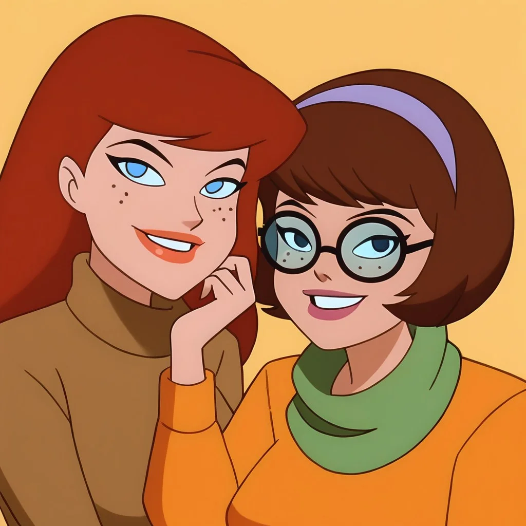 2 woman Score_9, Score_8_up, Score_7_up, surce_6_up, <lora:BatSup_Anim_90s_PDXL:0.8> batsup90xl, flat color, 90s, 1 girl, Daphne blake, wide hips, red hair, long hair, purple headband, blue eyes, smile, looking at viewer, purple minidress, green scarf, big breasts, pantyhose roses, upper body, REST , 1 girl, Velma Dinkley, wide hips, short hair, brown hair, bob haircut, brown pajamas, freckles, sweater-rimmed glasses, smile, turtleneck, orange sweater, big breasts, red skirt, pleated skirt, part upper body,