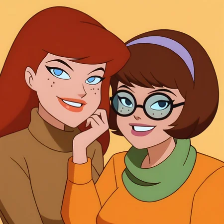 2 woman Score_9, Score_8_up, Score_7_up, surce_6_up, <lora:BatSup_Anim_90s_PDXL:0.8> batsup90xl, flat color, 90s, 1 girl, Daphne blake, wide hips, red hair, long hair, purple headband, blue eyes, smile, looking at viewer, purple minidress, green scarf, big breasts, pantyhose roses, upper body, REST , 1 girl, Velma Dinkley, wide hips, short hair, brown hair, bob haircut, brown pajamas, freckles, sweater-rimmed glasses, smile, turtleneck, orange sweater, big breasts, red skirt, pleated skirt, part upper body,