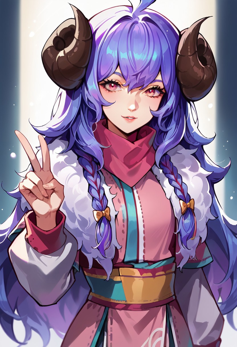 score_9, score_8_up, score_7_up, ultra quality, dutch angle, source_cartoon, , smooth outlines, 1girl, Sbkin, sheep girl, curved horns, long hair, purple hair, clothed, scarf, fur trim, japanese clothing, pink eyes, looking at viewer, upper body, peace sign with one hand