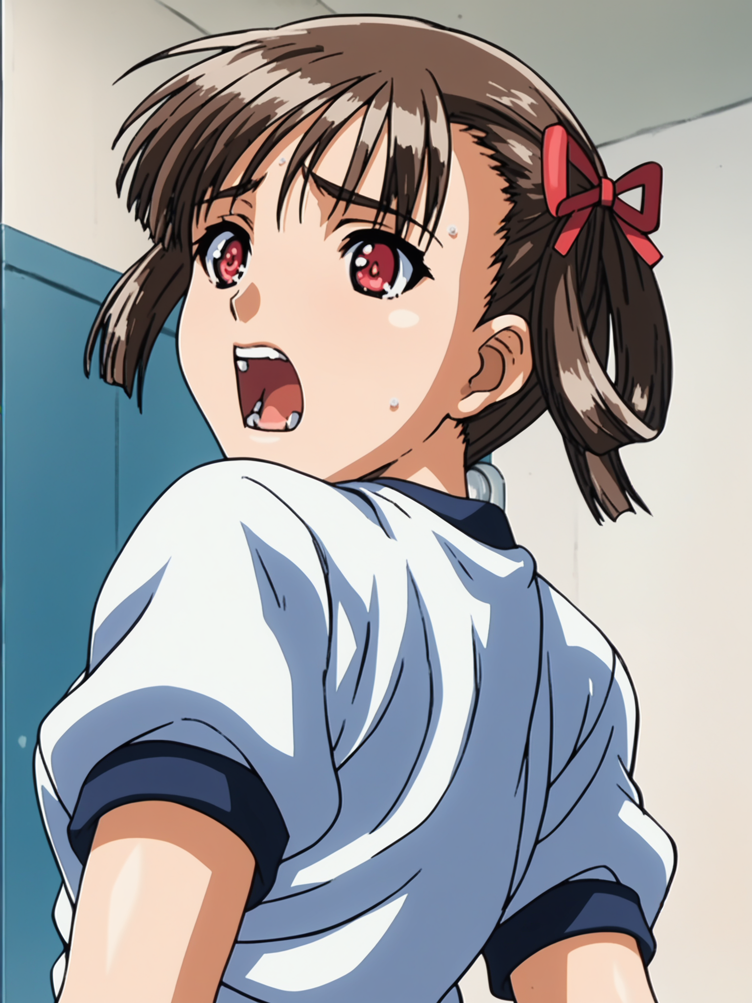 <lora:happy_tentacle-natsume-v0.2-000030:1>, 1girl, ht_natsume, gym uniform, school , close-up , , ( doyagao , screaming :1.1), looking back , score_9, score_8_up, score_7_up, score_6_up, score_5_up, score_4_up