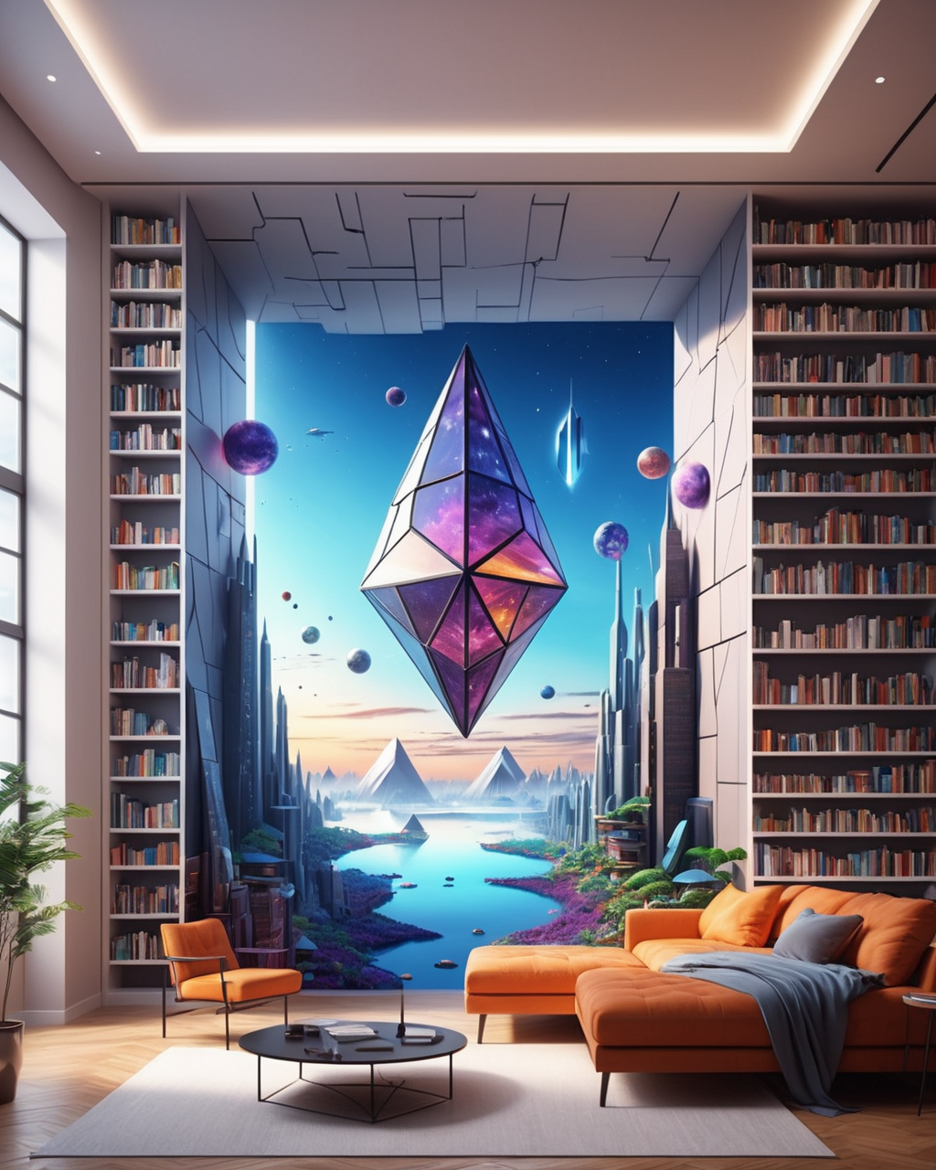 Architectural style <lora:CivitAI__Style_Fusion_-_FFusionAI_Entry_64DIM:0.5> abstract library room with a view in the wall to fantasy detailed world mural in a room, abstract 3 d artwork, 3d digital art 4k, intricate flowing paint, surreal colors, surreal design, 3d abstract render overlayed, digital artwork 4 k, abstract 3d rendering, detailed digital 3d art, 8k stunning artwork, 4k highly detailed digital art, digital art 4k . octane render, highly detailed, volumetric, dramatic lighting . Clean lines, geometric shapes, minimalist, modern, architectural drawing, highly detailed