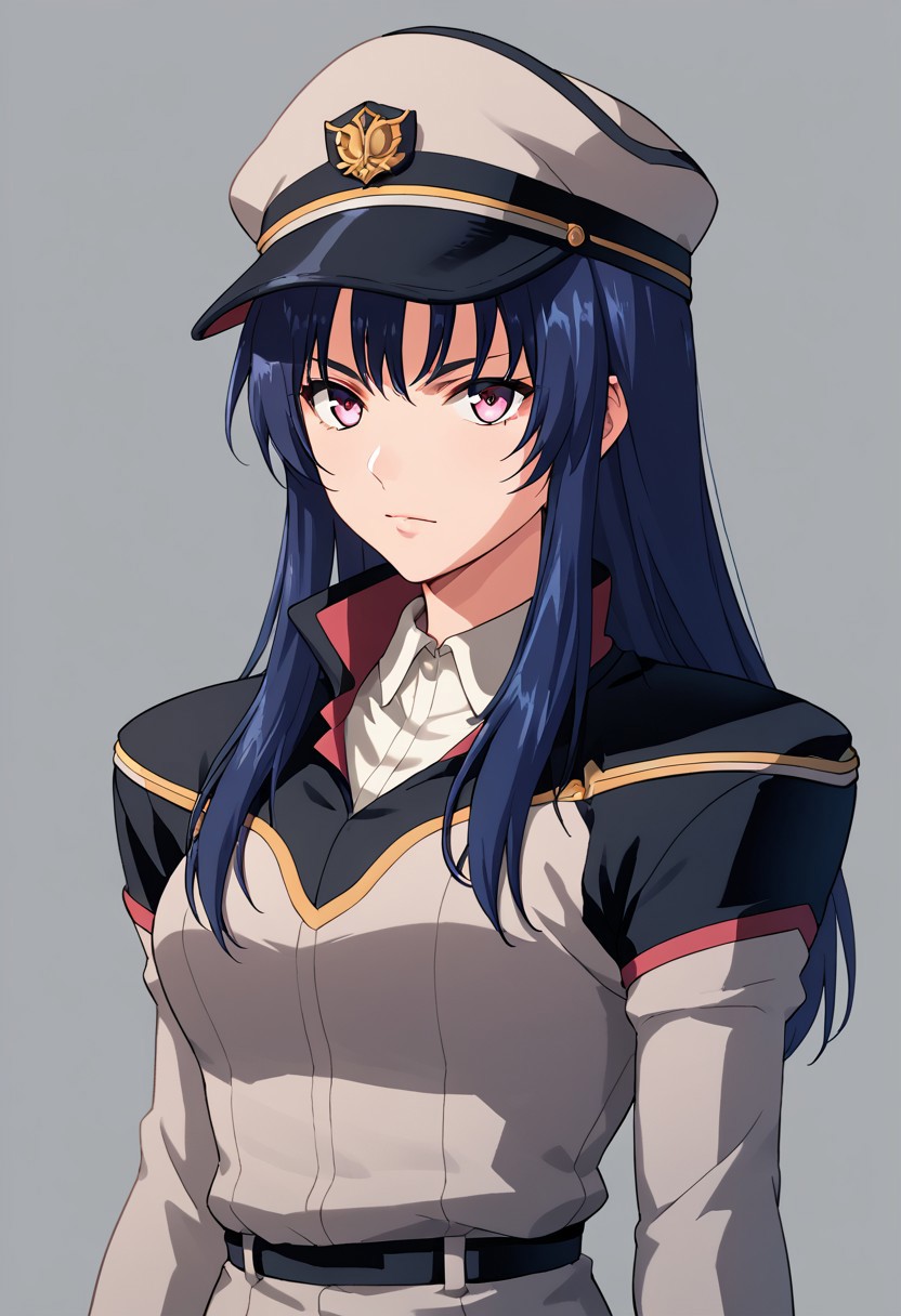score_9, score_8_up, score_7_up, score_6_up, score_5_up, score_4_up, source_anime, nicky taylor, blue hair, long hair, pink eyes, military uniform, cap,