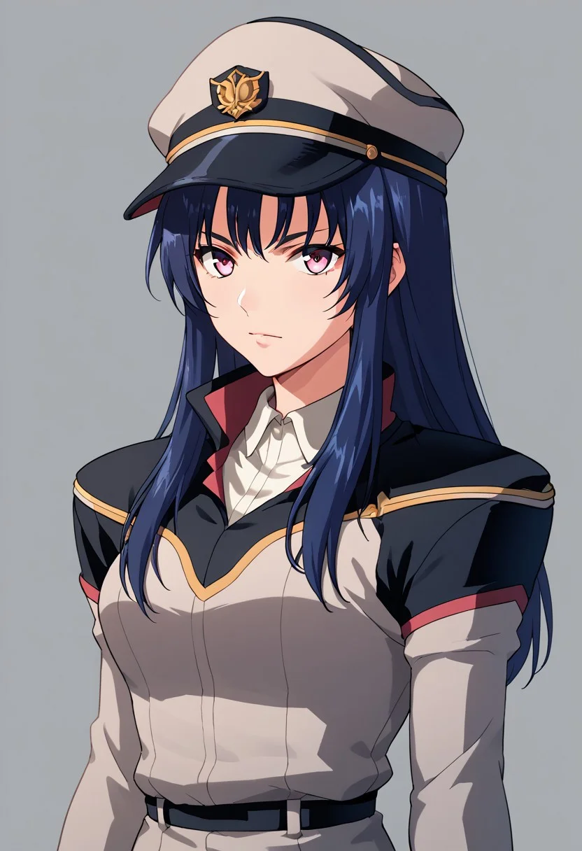 score_9, score_8_up, score_7_up, score_6_up, score_5_up, score_4_up, source_anime, nicky taylor, blue hair, long hair, pink eyes, military uniform, cap,