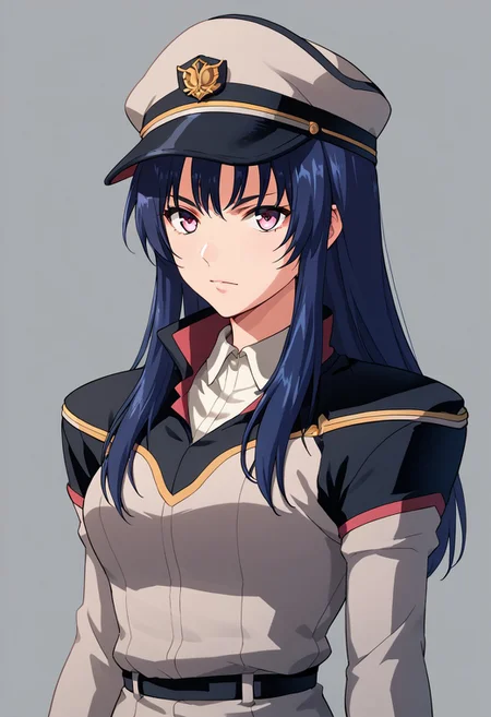 score_9, score_8_up, score_7_up, score_6_up, score_5_up, score_4_up, source_anime, nicky taylor, blue hair, long hair, pink eyes, military uniform, cap,