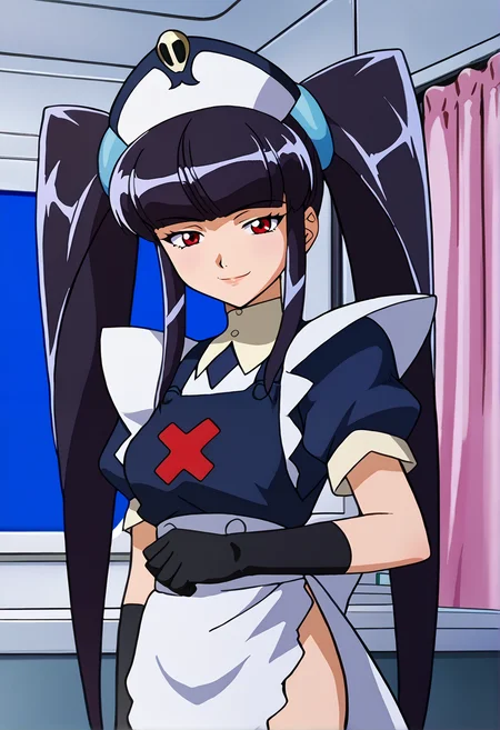 score_9_up, source_anime, paiway_underberg,maid outfit, 1girl, solo. from side, looking at viewer. smile. long hair,  black hair,  red eyes,  hat, twintails, very long hair, sidelocks, blunt bangs, apron,  half closed eyes. nurse cap,  nurse. black elbow gloves. space. indoors.