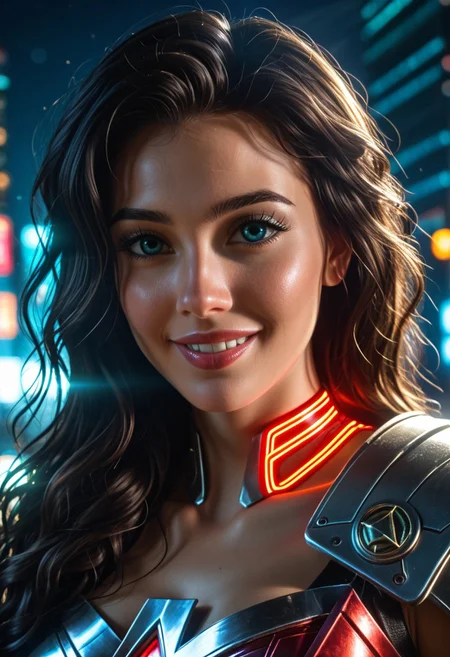 From a Distance Full Thick Muscular Body Powerful Wonder Woman outfit, Distant View Realistic Photography, holographic cloth as if it was drawn by a wire form CAD system showing accurate geometric contours to curved surfaces, Ground Level camera view below, Perfect hand, glowing fractal patterns in the cloth, Futuristic, Wonder Woman, Huge Black Curly Hair, Gorgeous Face Smiling, Big Grinning Smile, Long Hair, Distant Vibrant Colors Full body Powerful Female Wonder Woman, Mecharmor, Tactical Body Armor outfit with Cape, glowing fractal patterns in the cloth, Vibrant Colors cyborg Powerful beautiful Female, Wonder Woman exosuit, mech, Power Armor, Action Dynamic Action Combat Pose, futuristic, (off-center composition, left aligned, Portrait), old Powerful cyborg, battle worn, Tactical Bulky Power Armor, Sword and Shield, high detailed Eyes, High detailed face, gothic Neon Cyberpunk Cityscape, cinematic film still glamorous photo dark art by Rafael Zabaleta, expressionism art by Asger Jorn, vibrant, Abstract expressionism, experimental painting techniques, bold bright colors, dynamic compositions, Expressionism, Neon Night City Cyberpunk Cityscapes, emotive brushwork, brilliant tones, dramatic lighting, introspective themes. high fashion, luxurious, extravagant, stylish, sensual, opulent, elegance, stunning beauty, professional, high contrast, detailed. shallow depth of field, vignette, highly detailed, high budget, bokeh, cinemascope, epic, film grain, grainy