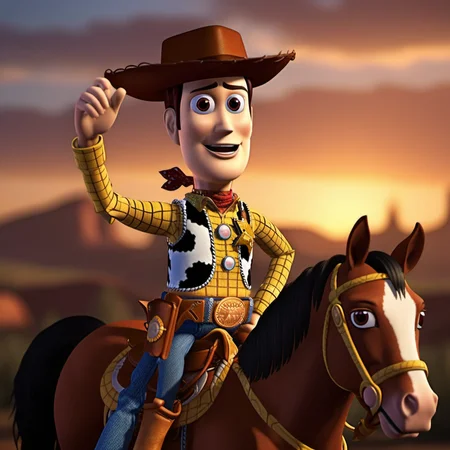 Woody1024, a cowboy riding a horse, farwest, sunset, detailed eyes, highly detailed, photography, ultra sharp, film, bokeh, professional, 4k <lora:add-detail-xl:1.5> <lora:Woody1024-000345:0.8>