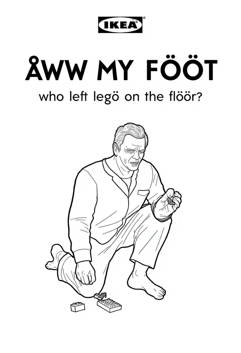 This image is a black-and-white line drawing, styled as a product listing for IKEA, featuring a cartoon man wearing pajamas. The drawing is digital and features a detailed illustration of a barefoot man kneeling over in pain, holding his foot which has a small lego brick stuck in it. The character appears to have stepped on a piece of Lego. His face shows painful anguish.
 The background is plain white, with the IKEA logo and "ÖWW MY FOOT" in bold, uppercase letters at the top. Text underneath: "who left legö on the flöör!?"
<lora:IKEA_Instructions_Style_FLUX:0.9>