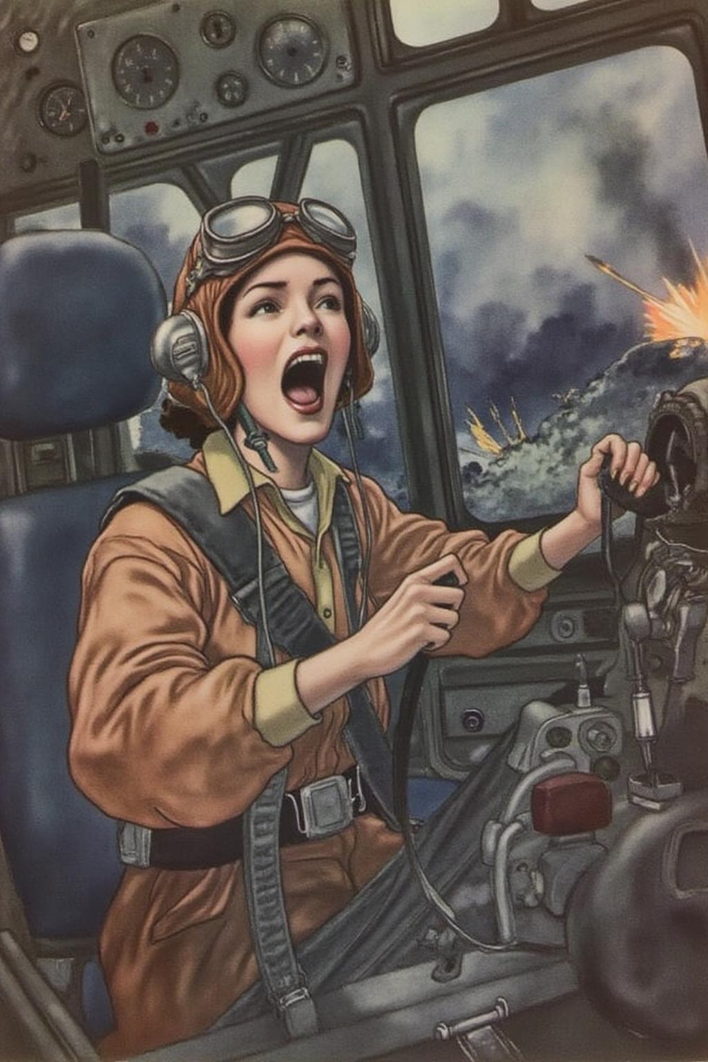 charob1 illustration.
A female pilot screaming inside the cockpit of a World War II bomber. The pilot, wearing a vintage leather flight helmet with goggles and a bomber jacket, grips the controls with white-knuckled hands. Her face is contorted in a mix of fear and determination as she yells, her eyes wide with adrenaline. The cockpit is cramped and filled with old-fashioned dials and gauges, with the outside view showing dark stormy clouds and distant anti-aircraft fire <lora:charob1_cap_d6a3e11:1.0><lora:824684453268939283:0>
