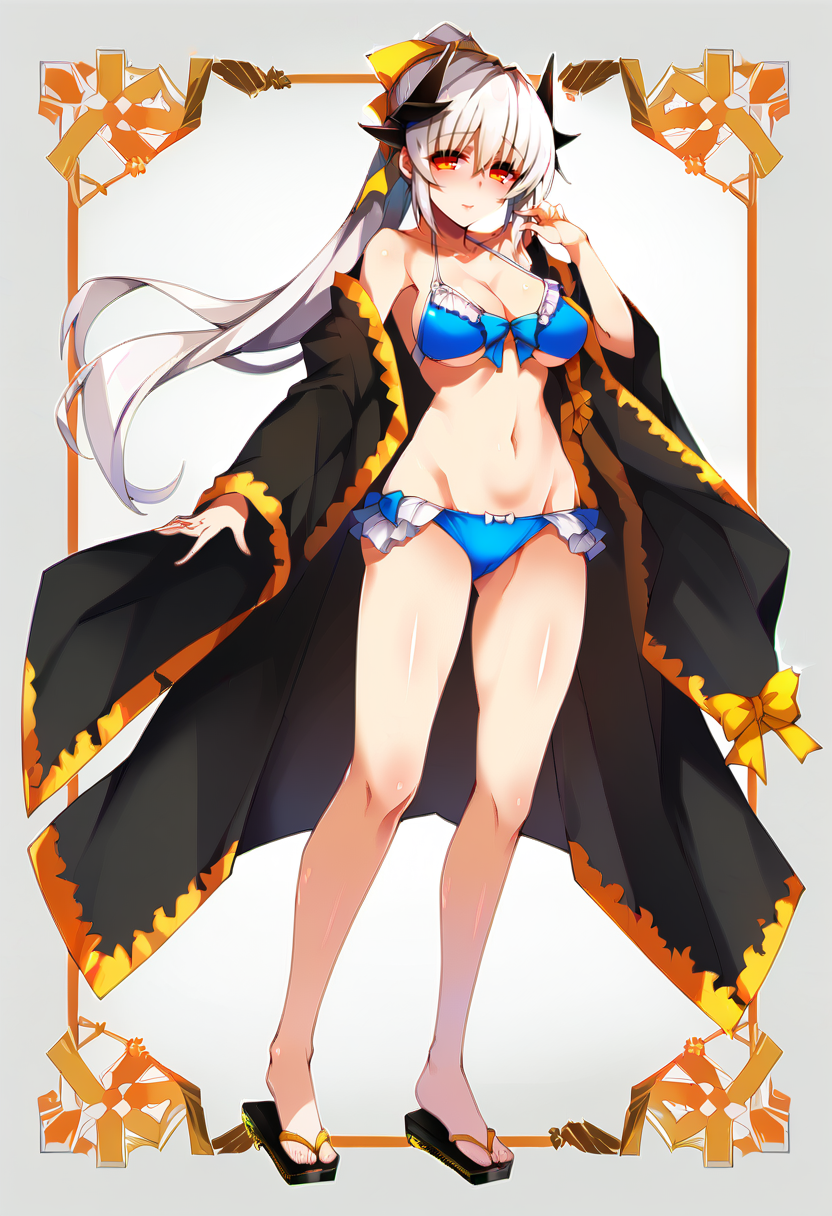 score_9,  score_7_up, BREAK 1girl,solo  <lora:spfateKiyohimeXLPony:1> kiyola3st, white hair, horns, yellow bow, blue bikini, cleavage, frills, frilled bikini, japanese clothes, black kimono, standing, full-body shot,  mature girl, mature female  <lora:yanagi yuu-Style-PonyXL-Dora-000035:1>