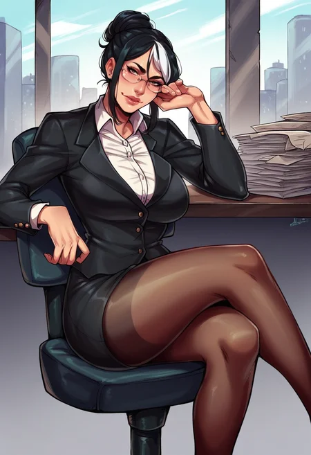 score_9, score_8_up, score_7_up, score_6_up, score_5_up, score_4_up, mature businesswoman in office looking at viewer, black suit jacket, white collared shirt, black hair bun, white streak in hair, black pencil dress, pantyhose, glasses, chair, desk, paper, windows, city in windows, detailed background, sitting on chair <lora:IkebanaLycoXL:0.85>