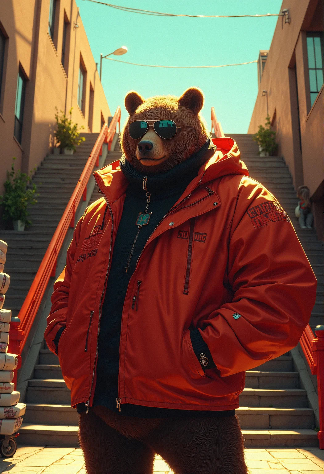 hyper-realisitic, hyper-detailed, RAW photo, detailed foreground, detailed clothing, detailed lighting, aidmaHyperrealism, aidmamj6.1,
Hollywood Cinematic Film style, epic photography, dramatic light, Kodak film style,
Prompt 1: A hyper-stylized anthropomorphic bear standing confidently at the base of a long outdoor staircase in an urban environment, bathed in warm late afternoon sunlight. The bear wears a sleek, futuristic red windbreaker with subtle embossed logos, a dark turtleneck, and stylish aviator sunglasses reflecting the golden sky. The meticulously detailed fur texture showcases individual strands illuminated by the ambient glow. His expression is stoic, exuding a composed yet dominant aura. His hands, partially gloved, are tucked into the pockets, with the sharp angular folds of his jacket accentuating his powerful build. The background features a long flight of urban steps with red railings, lined with subtle greenery sprouting from cracks in the pavement. Small signs and streetlights cast soft shadows against the warm-hued concrete. To the left, a stack of neatly arranged packages sits on a wheeled cart, suggesting a bustling district. The sky is an almost surreal blue, punctuated by delicate power lines that crisscross the upper frame, adding depth. The art style blends semi-realism with cinematic lighting, with soft rim lights accentuating the bear's contours. A faint breeze lifts the edges of his jacket, adding a subtle sense of motion. The perspective is slightly low-angle, emphasizing the bear’s towering presence against the long stairs that stretch infinitely upward. The rendering is sharp, with crisp textures on fabric, fur, and pavement, ensuring a highly polished aesthetic.
<lora:MoriiMee_Gothic_Niji_Style_FLUX:0.65> <lora:Flux__Semi-realistic_art_style-000004:0.25> <lora:Hand_v2:0.4>