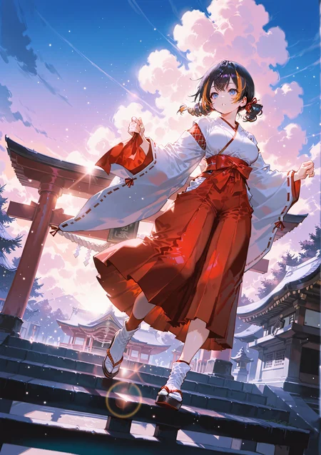 zPDXL3 Real score_9, score_8_up, score_7_up, score_6_up source_anime, highly detailed, sharp, intricate details, rating_safe rating_sensitive, rating_explicit, masterpiece, best quality, good quality, bright eyes light particles lens flare amazing quality, very aesthetic, very awa, absurdres, newest,
<lora:yoneyamaiXLNBVP1lokrV6311PZ:0.5>, <lora:AIã¤ã©ã¹ããããã (2):0.7>
<lora:nhl-001:0.4> nhl-001 film grain multicolored background  <lora:ponyv4_noob1_2_adamW:0.4>
medium breasts, dynamic pose, dynamic angle,
optical illusion, ssambatea, quasarcake, Fishine, arutera, soresaki, reoen, sanbonzakura, askzy, negative space, see-through, made of, neon light, detailed background,
short hair twin drills
niji-petra,medium breastas,blue eyes,black hair,orange hair,multicolored hair,streaked hair,ornament,
miko, japanese clothes, obi, outdoors, japanese temple, shrine, cloudy sky, socks footwear
 <lora:niji-petra:0.7>