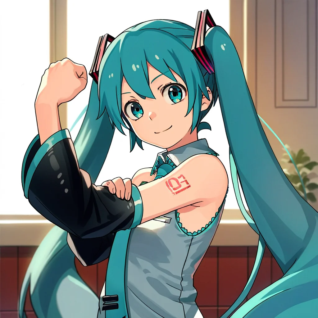 score_8, score_8_up, score_7_up, official art, source_anime, 1girl, solo, female focus, br_d_h, clenched hand, hand on own arm, Hatsune Miku, aqua hair, twintails, aqua eyes, necktie, collared shirt, sleeveless, detached sleeves, tattoo, smile, looking at viewer, indoors, wallpaper