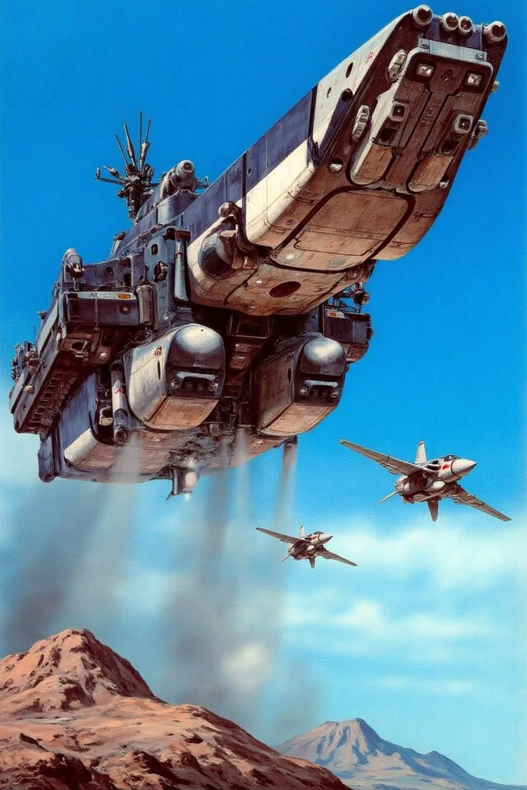 m9cha illustration
This image is a highly detailed illustration in a realistic, sci-fi style. It depicts a futuristic, high-tech mothership or spacecraft, resembling a large, angular aircraft carrier, hovering above a barren, desert-like landscape. The spacecraft, painted in a mix of dark blue, silver, and white, has numerous antennas, sensors, and various equipment visible on its surface. It has a sleek, aerodynamic design with a long, pointed nose and a wide, flat bottom. There are two jets flying toward the mothership. <lora:macmecha1_cap_d6a3e11:1.0><lora:820686727774563447:0>