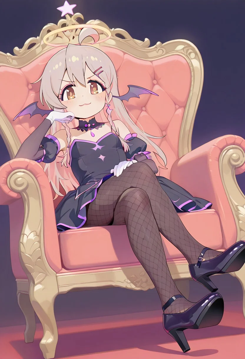 masterpiece, best quality, good quality, very aesthetic, absurdres, newest, 8K, stylized, looking at viewer, dynamic angle, relaxing, full body, miniskirt, (block heels), ((high heels)),  makeup, ((lipstick)), ((eyeshadow)), mascara, sleeveless dress, halo, white gloves, earrings, detached sleeves, detached collar, head wings, (pumps), fishnet pantyhose, crossed legs, seductive, rest head on hand, angry, :3 mouth, lying down, padded royal throne, ((caressing the face)), BREAK.
((1girl)), oyama mahiro, brown eyes, light brown hair, long hair, side braids, hairclip, ahoge, black pantyhose, otoko no ko, BREAK.