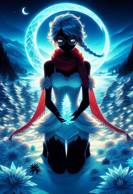 1girl, solo, (silhouette:1.2), fr0stwrld, snow, ice, score_9, score_8_up, score_7_up, masterpiece, best quality, ultra-detailed, overview, one beautiful girl, dark, small breasts, blue hair, glowing yellow eyes, double braided, short hair, forehead, round glasses, long red scarf, short ice dress, kneeling, frozen landscape, tundra background, pretty ice flowers, single large ice flower among smaller ice flowers, holding a glowing ice flower with both hands, crescent moon, rating_questionable, vibrant color palette, dramatic lighting, ethereal atmosphere, glowing outlines, aurora borealis, neon, looking at viewer,