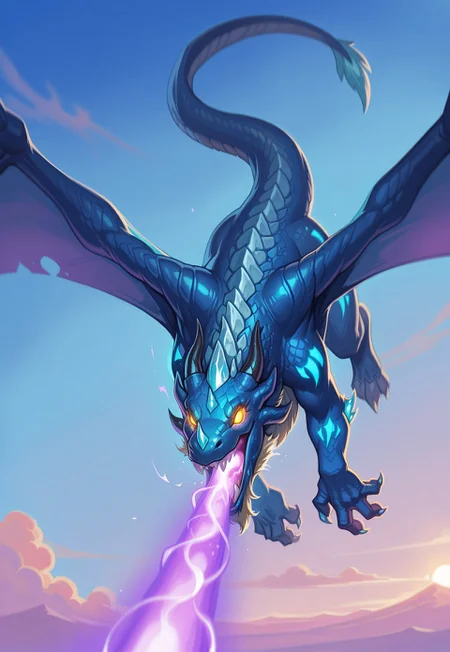 masterpiece, best quality, amazing quality,malygos, dragon, glowing, open mouth, flying, yellow eyes, glowing eyes, sky, tail, cloud, wings out of frame, glowing markings, mouth beam