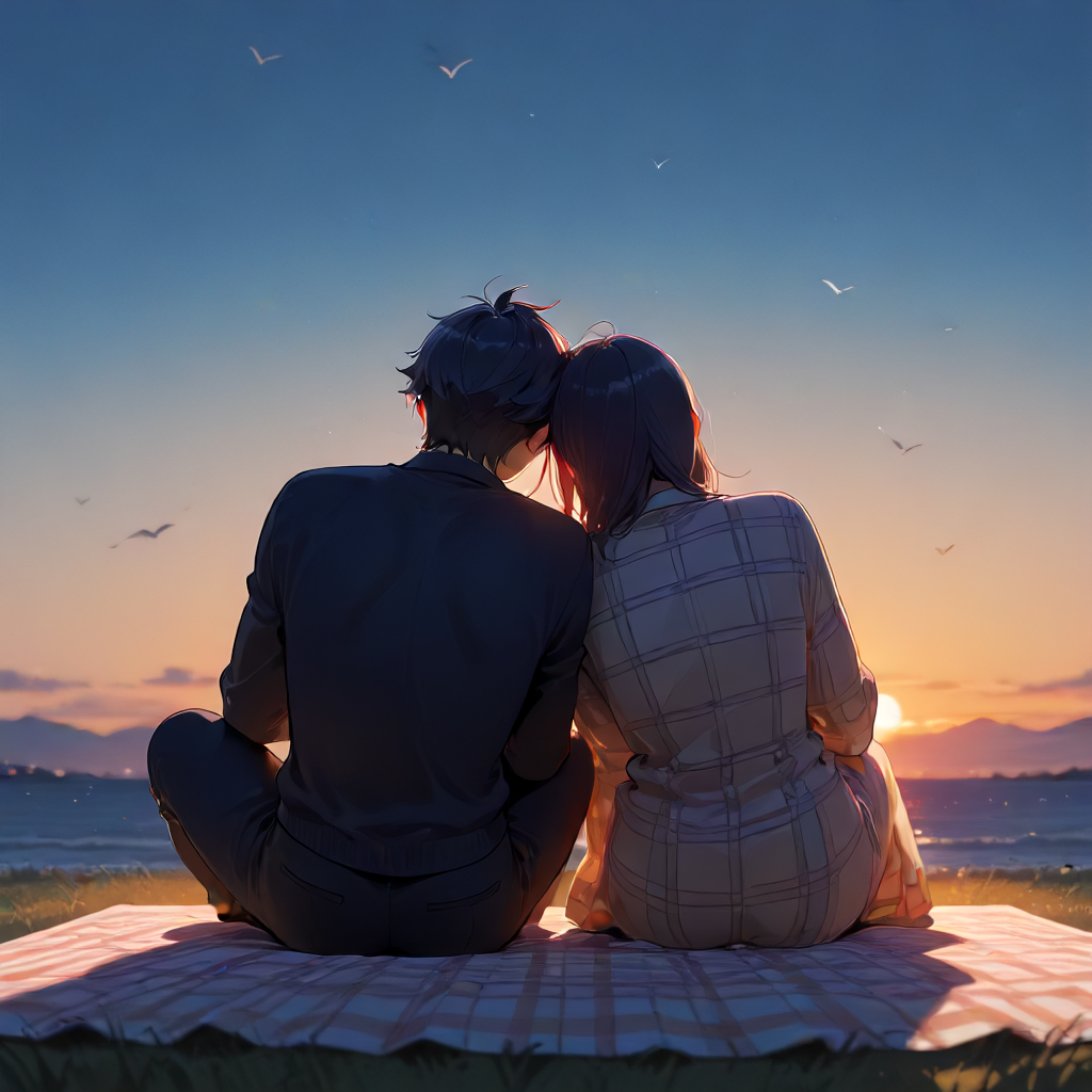 backview of a couple sitting on a picnic blanket, leaning to each other, sunset, dark blue sky with stars, birds <lora:sdxl_lightning_8step_lora:1>