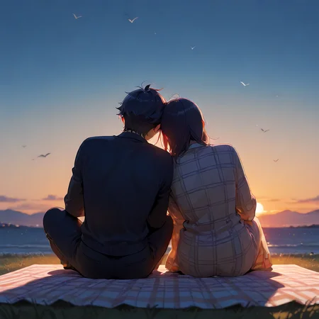 backview of a couple sitting on a picnic blanket, leaning to each other, sunset, dark blue sky with stars, birds <lora:sdxl_lightning_8step_lora:1>