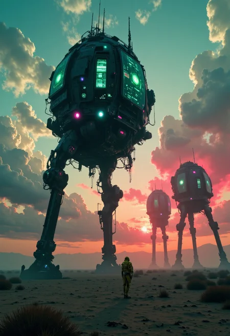 artilands02, ethdysty, A cinematic wide shot captures a vast desert landscape at sunset. Colossal beehive towers extend into space, their surfaces flickering with matrix-like code cascades and cyberpunk glitch effects. A large Yellow StarWars at-st walker Stands in the foreground, filling half the frame. Closeup infront the scenery. Reality tears apart around them in shards of neon purple and acid green, creating digital artifacts and corruption zones. The atmospheric barrier where they pierce the sky fragments into crystalline digital shards. The desert ground beneath shows scanline distortions and polygon breaks, while quantum visual noise fills the air. The structures themselves phase between physical and digital states, their patterns decomposing into raw data. neon-mist
