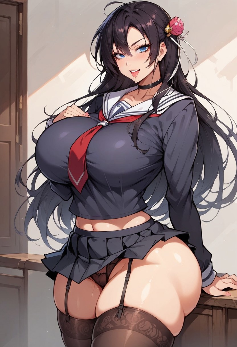 high angle, 
score_8_up, source_anime, (beautiful face, beautiful eyes, detailed eyes, detailed face:1.2),
1girl, solo, girl solo, slobber, hourglass shaped body, curvy figure,
front view, clear background, (black school uniform, skirt, black school suit:1.3),
dynamic standing seductive pose, seductive pose, full body,lewd face, slutty a lot, extream drooling,lewd face, slutty a lot, horny eyes, smug, high waisted thongs, high waisted thongs,
huge ass, huge tits, large ass,
beautiful anime face, detailed anime face,
(wide hips:1.3), 20 y.o., 
Himekami Lizel, black hair, long hair, blue eyes, large breasts, hair bobby pins, makeup, school uniform, skirt, school suit, stockings with garters, heels, choker,lewd, slutty,