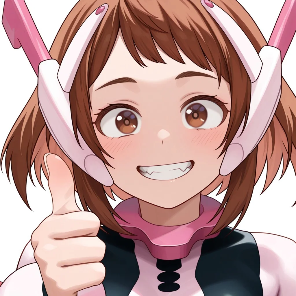 masterpiece,best quality, Super Detail, highest quality,amazing quality, perfect face, beautiful face, solo,1girl,smile,teeth,thumbs up,looking at viewer,upper body portrait,short hair, brown hair, brown eyes, pink headgear, pink bodysuit, black bodysuit, multicolored bodysuit, pink armguards, pink belt, pink boots, pink collar, hsuit1, vtuber-style