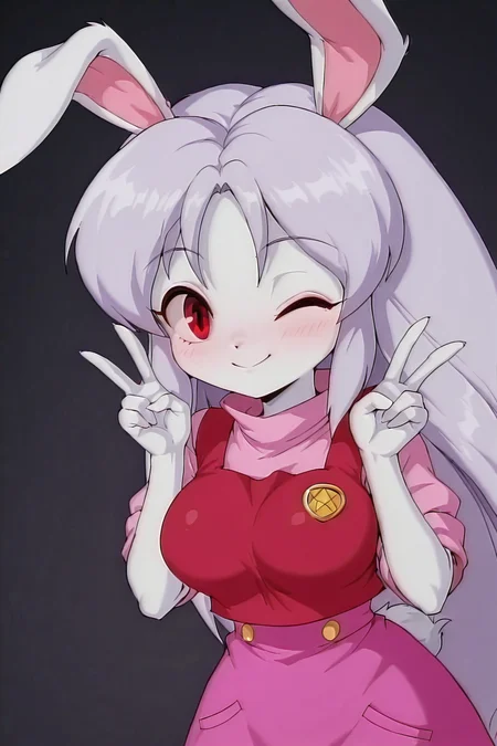 black background, shiny skin, posing,
general, safe, 
<lora:grimgrim.il:1>
grimgrim, 
<lora:etoran.il:1>
kurimu, 
large breasts, 
clothed girl, 
one eye closed, double peace, happy,