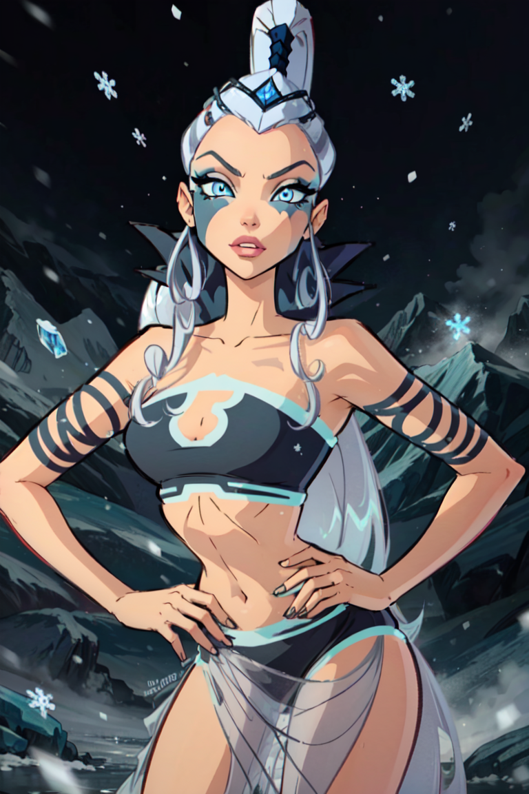 (Icy), blue eyes, white hair,(very long hair), (ice background, snowing, winter, mountains), (realistic:1.2), (masterpiece:1.2), (full-body-shot:1),(Cowboy-shot:1.2), dark romantic lighting, (highly detailed:1.2),(detailed face:1.2), (gradients), colorful, detailed eyes, (natural lighting:1.2), solo <lora:add_detail:0.3> <lora:BeautifulEyes:0.6> <lora:WinxClubAmplifiedIcy-10:0.9>