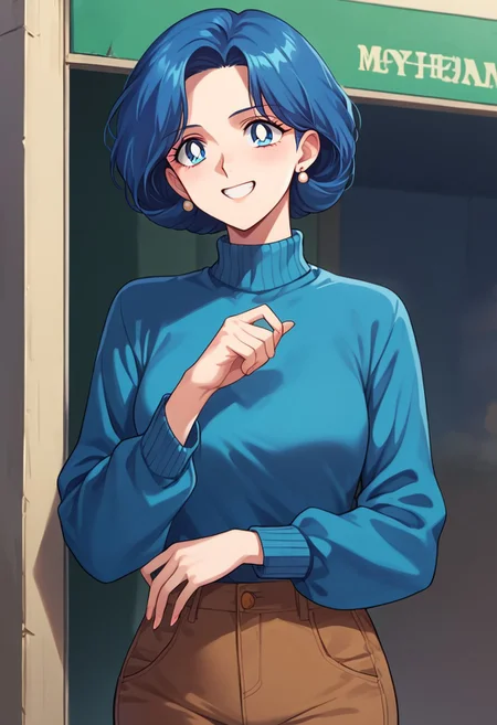 (masterpiece), best quality, a 30-year-old woman with (blue bob hair) and blue eyes, she wears a (cyan blue sweater) (long sleeves) and (brown pants), light grin, mature female, motherly, score_9, score_8_up, score_7_up, source_anime, score_9, score_8_up, score_7_up, sm90s