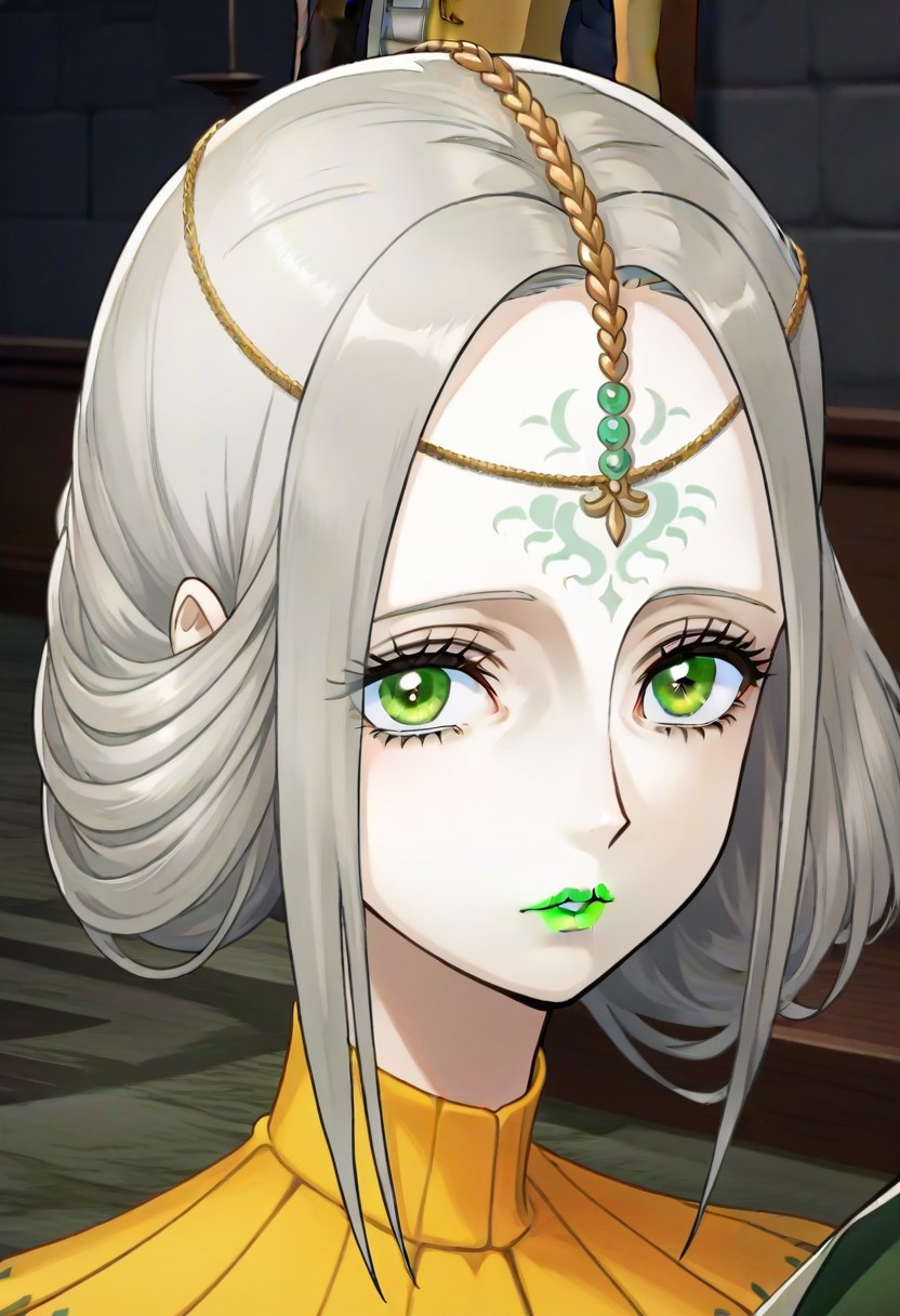 source_anime, 1girl, white skin, grey hair, forehead tattoo, green eyes, green lips, hair decoration, head chain, wrinckles, high yellow collar, medieval dress, white and green dress,<lora:Joanna_-_Metaphor_ReFantazio_-_Pony:1>