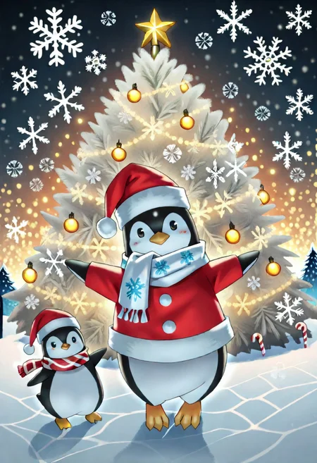 Animal Christmas, masterpiece, best quality, (Penguin in Santa hat, scarf, ice skating on ice ring), Christmas tree, snowflakes, holiday decorations, glowing lantern, candy cane, warm lights, ice backdrop, polar night, cheerful mood