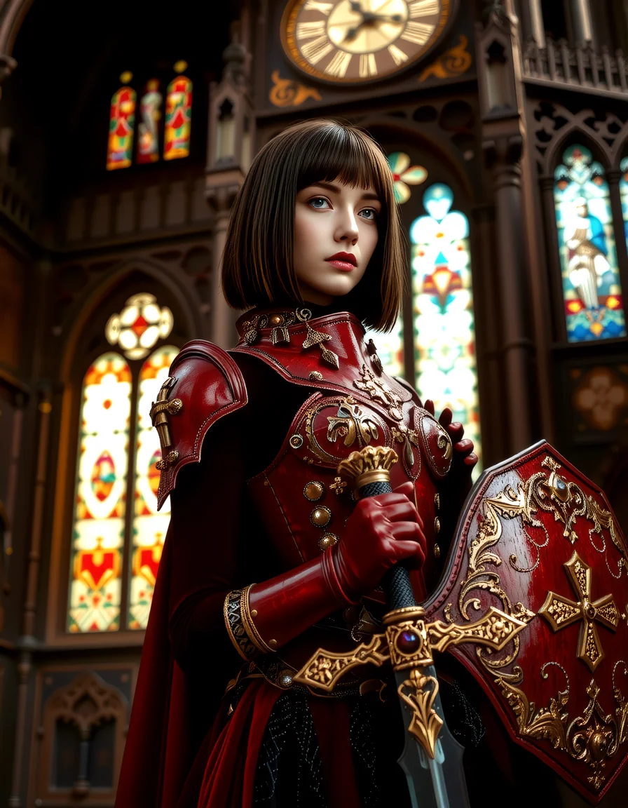 A fierce and confident young woman is in front of an ancient midevil cathedral with a clock tower in the background, and stained glass windows. She is standing to the side with her both a quarter turned toward the viewer. Wearing a full suit of intricately designed red viking_punk style armor with gold trim. Her black jumpsuit can be seen underneath the armor. The armor is adorned with intricate crusader style crosses. One gloved hand are resting on the handle of an intricately designed longsword, and the other is holding a large shield. She has short straight hair framing her long and slender heart-shaped face with large ice blue doe eyes and full wide lips. <lora:art and styles/MysticFantasy>, <lora:flux_trainer/moxiePunk_v3S>