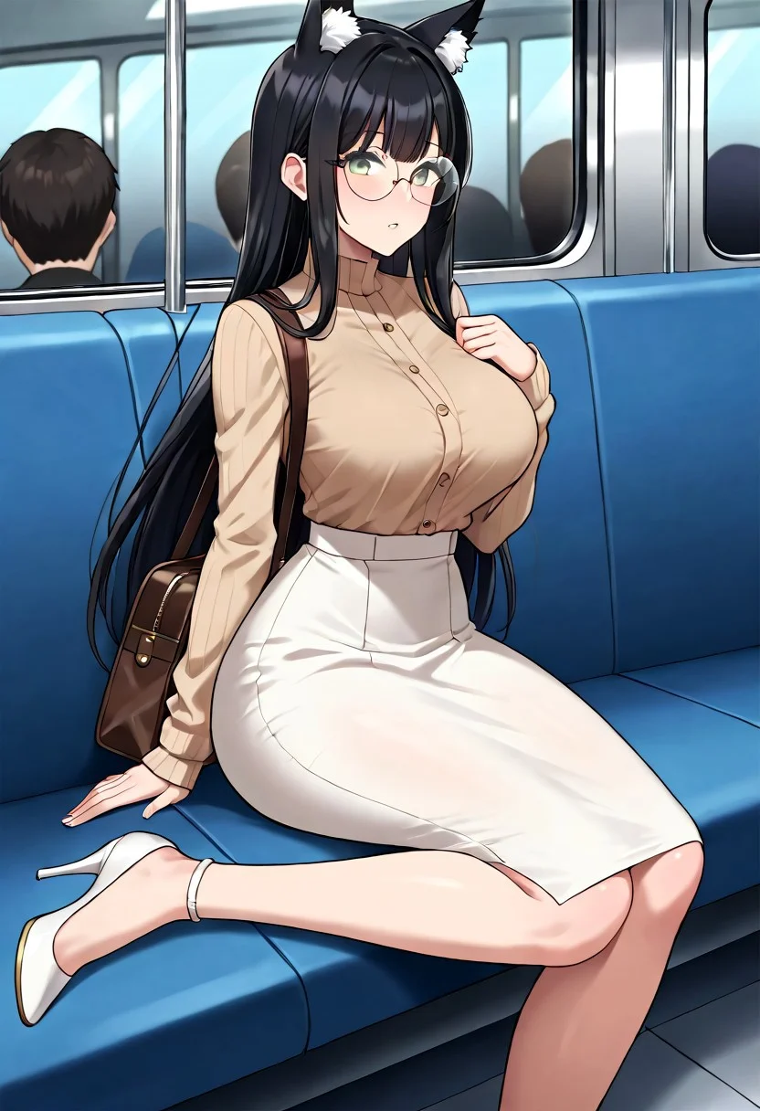 slim woman, big hips, big tits, black hair, long hair, straight bangs, hime princess hair, big boobs, white light in the hair, black fox ears, round glasses, brown eyes, big thighs, beige blouse, long white skirt, white heels, sitting, in a subway, side right view, close up, brown leather female bag