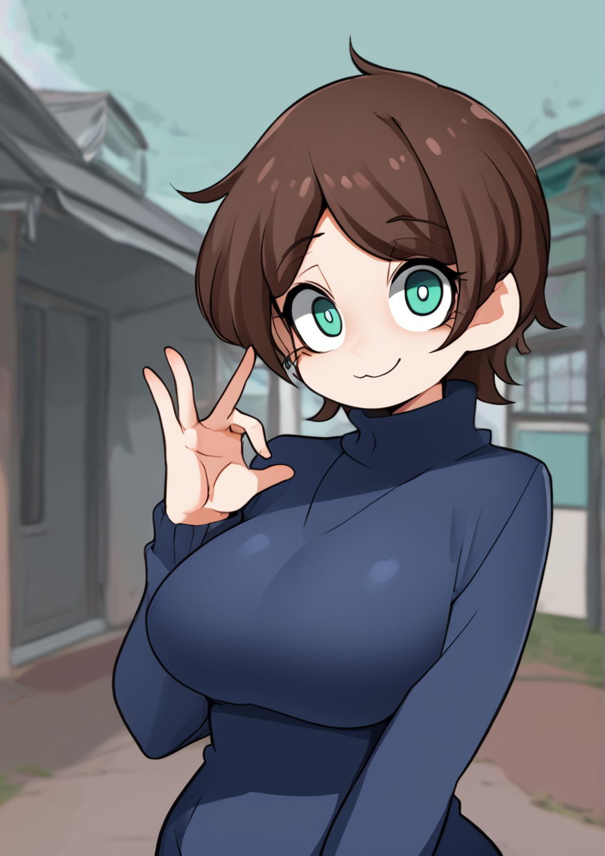 1girl, sawaki momoe, huge breast, androgynous, blue sweater, blue theme, brown hair, finger heart, green eyes, looking at viewer, mole, mole under eye, parted bangs, portrait, short hair, smile, solo, sweater, zPDXL3, <lora:Lea_Jin:1>