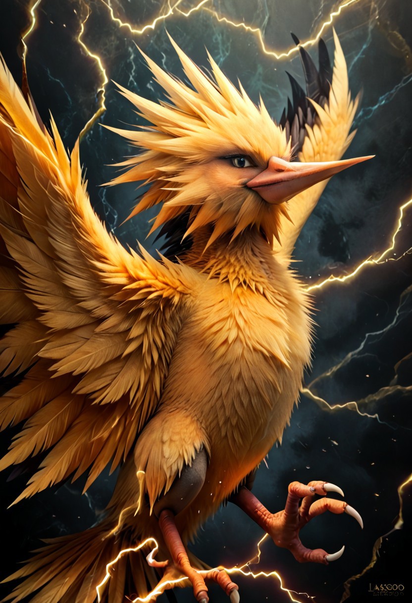 score_9, score_8_up, score_7_up, score_6_up, score_5_up, score_4_up, BREAK, solo, zapdos, pokemon (creature), furry, avian, bird, detailed feathers, realistic feathers, spiky feathers, yellow feathers, wings, electricity, industrial background, realistic, photorealistic cgi